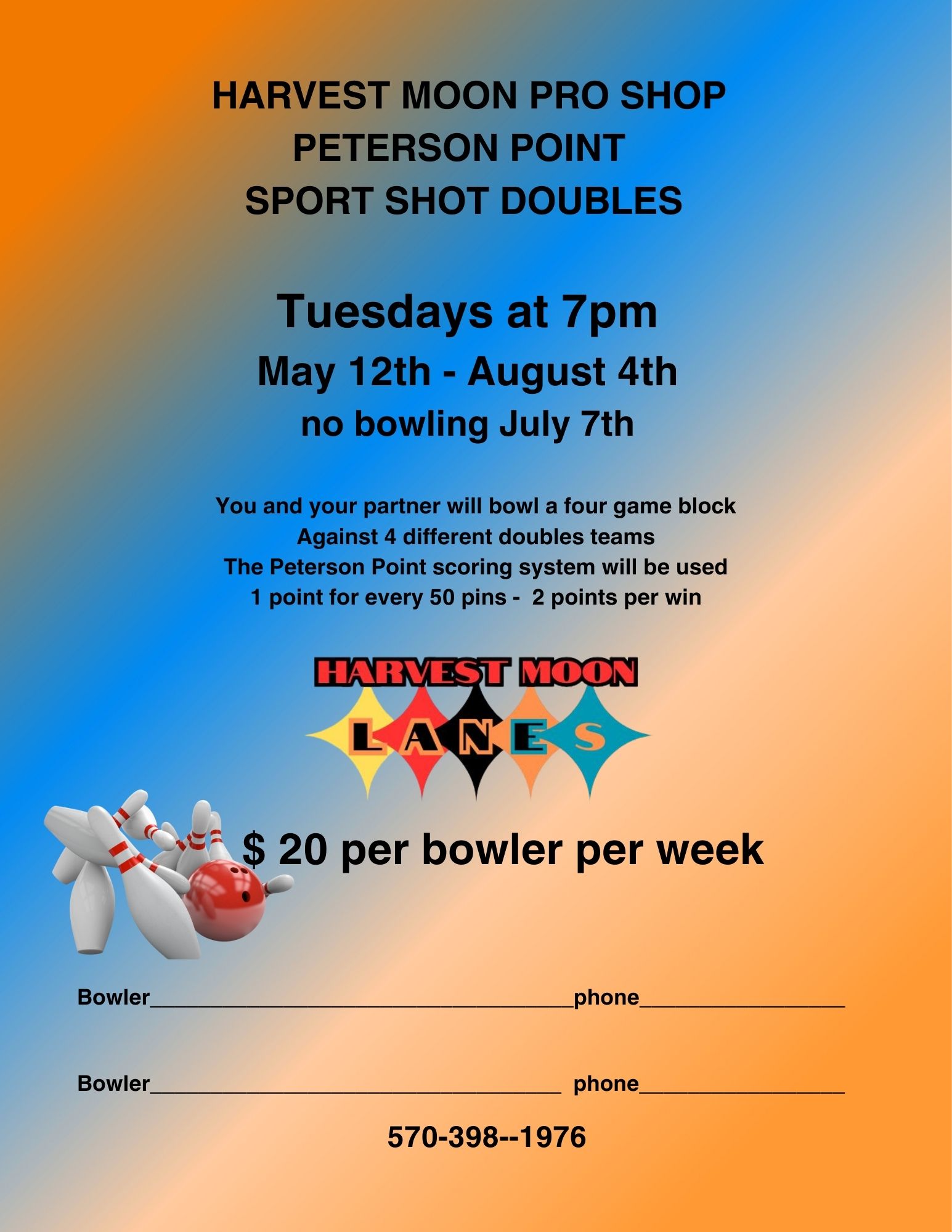 harvest moon pro shop peterson point sport shot doubles tuesday nights